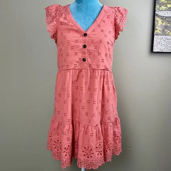 LOFT Ann Taylor Dress Women 2P Mini, Eyelet, Embroidered Peach Coral Lined - Picture 2 of 14